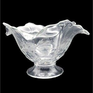 Vintage Clear Glass Floral Etched Compote Console Bowl Scalloped Centerpiece